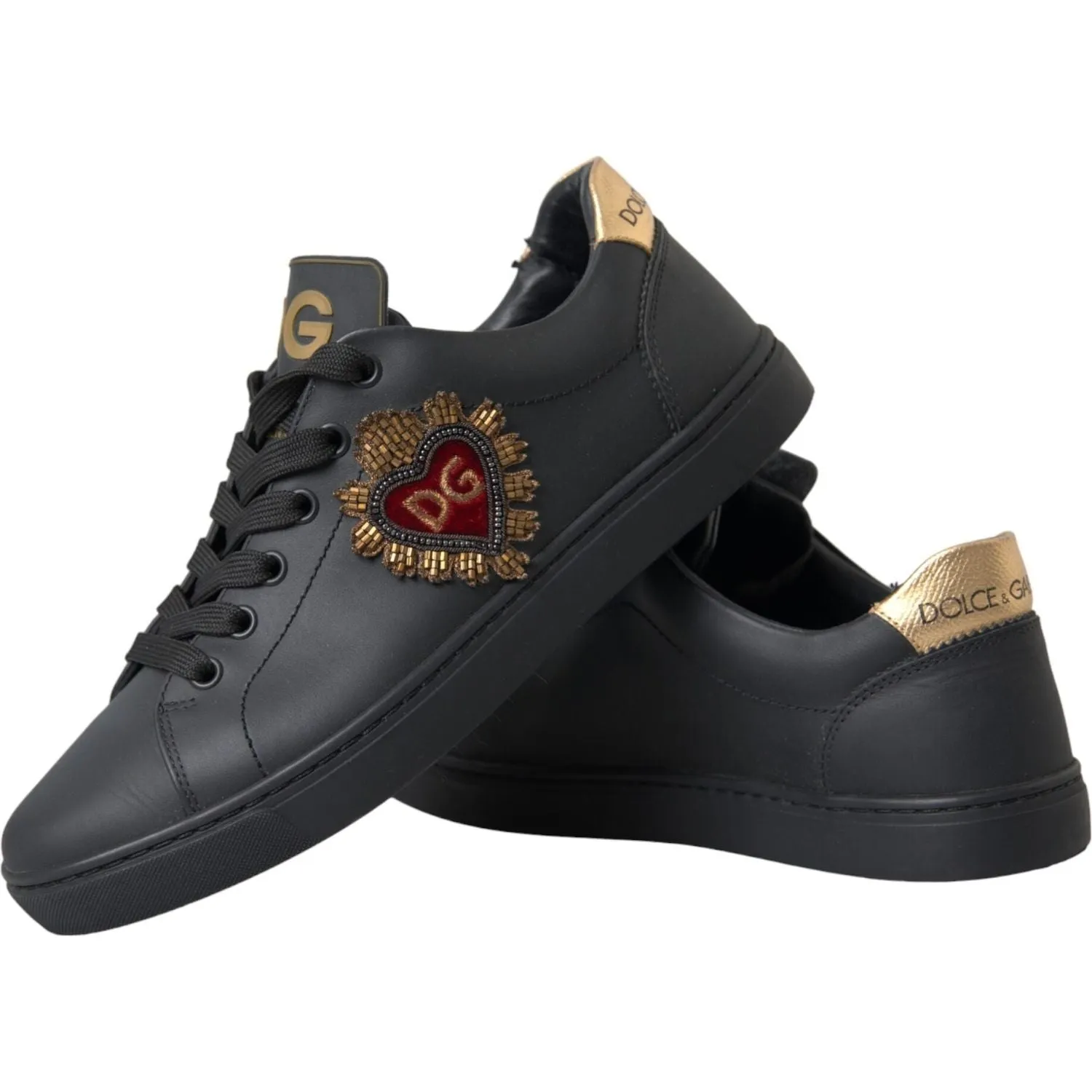 Dolce & Gabbana Black Leather Heart Embellished Sneakers Shoes