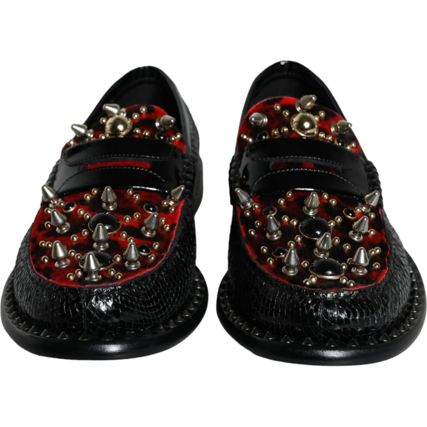 Dolce & Gabbana Black Leopard Print Studs Leather Loafers Shoes