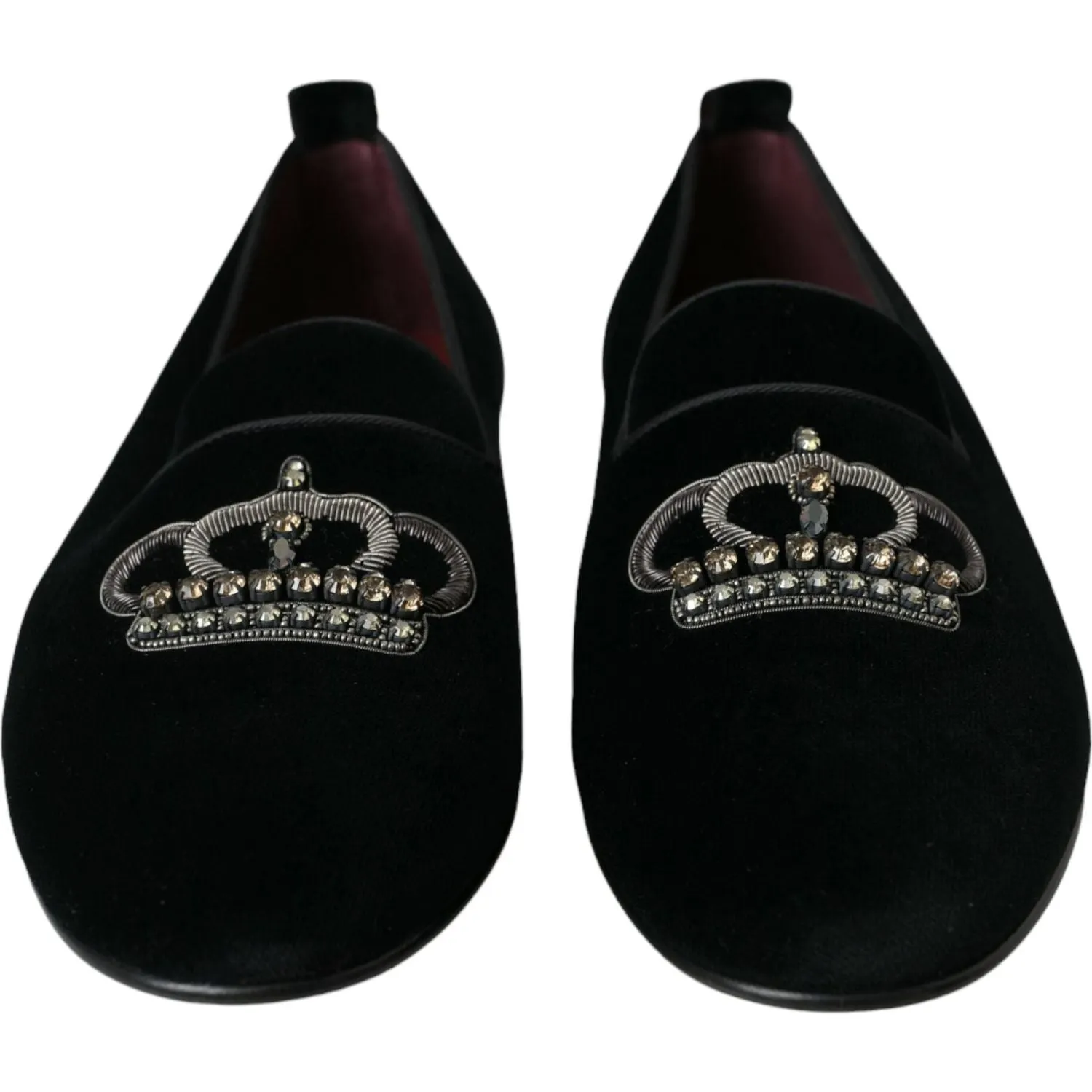 Dolce & Gabbana Black Velvet Crystal Crown Men Loafers Shoes