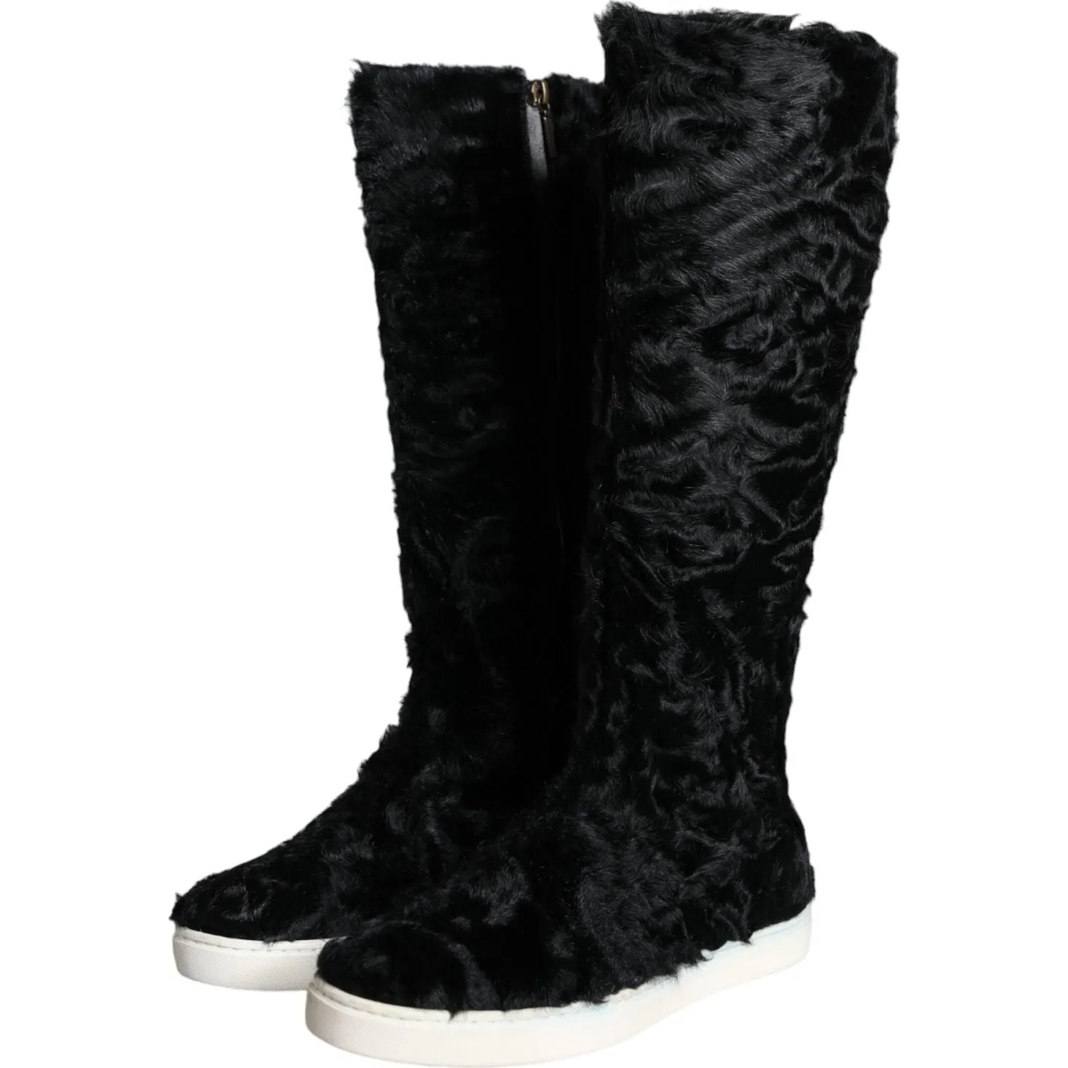 Dolce & Gabbana Black Xiangao Lamb Fur Leather Boots Shoes