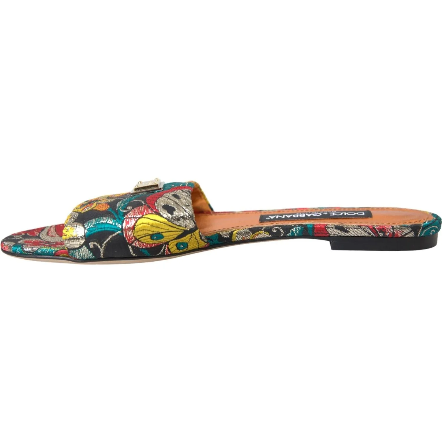 Dolce & Gabbana Multicolor Floral Brocade Logo Flats Sandals Shoes