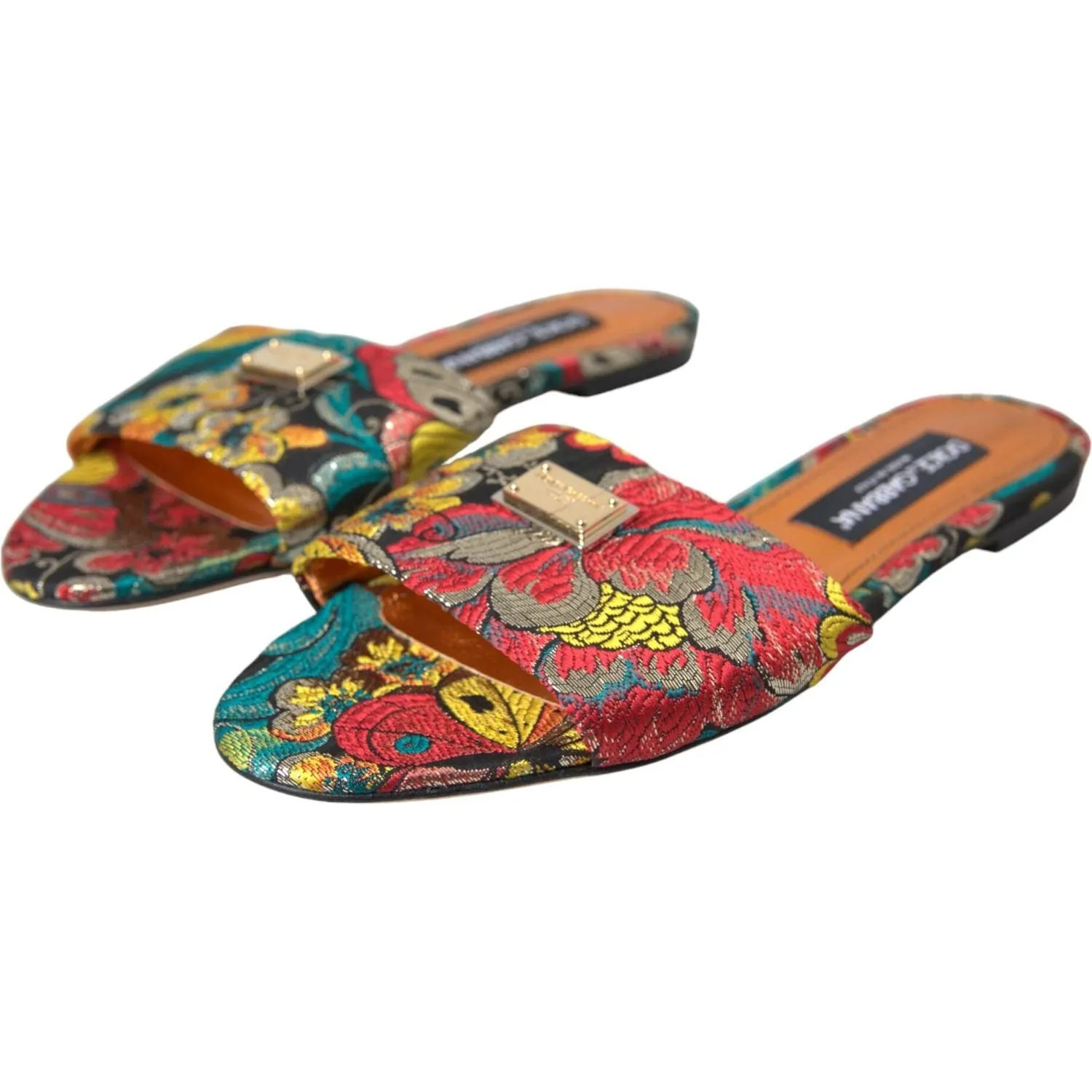 Dolce & Gabbana Multicolor Floral Brocade Logo Flats Sandals Shoes