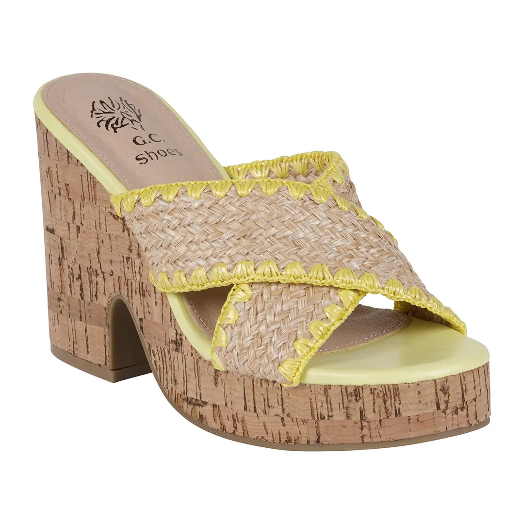 Elsa Yellow Woven Cross Strap Wooden Platform Heeled Sandals