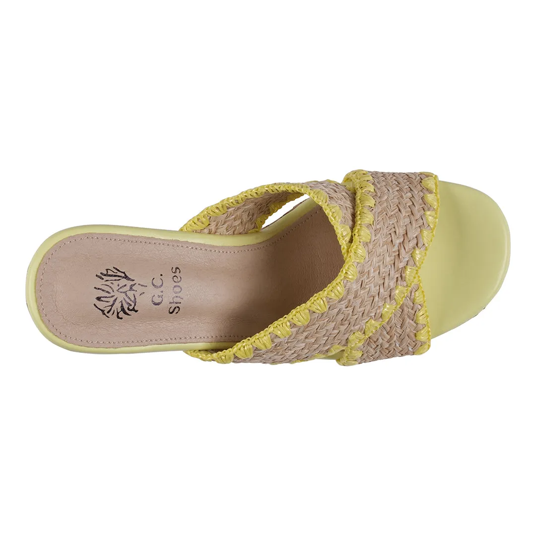 Elsa Yellow Woven Cross Strap Wooden Platform Heeled Sandals