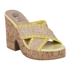 Elsa Yellow Woven Cross Strap Wooden Platform Heeled Sandals