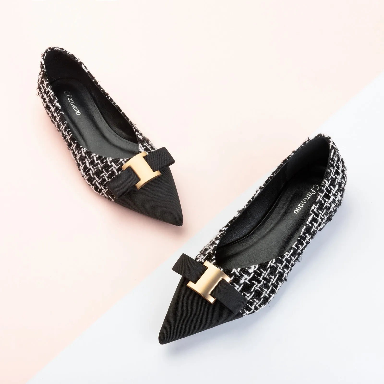 Embellished Bowknot Tweed Flats Black & White