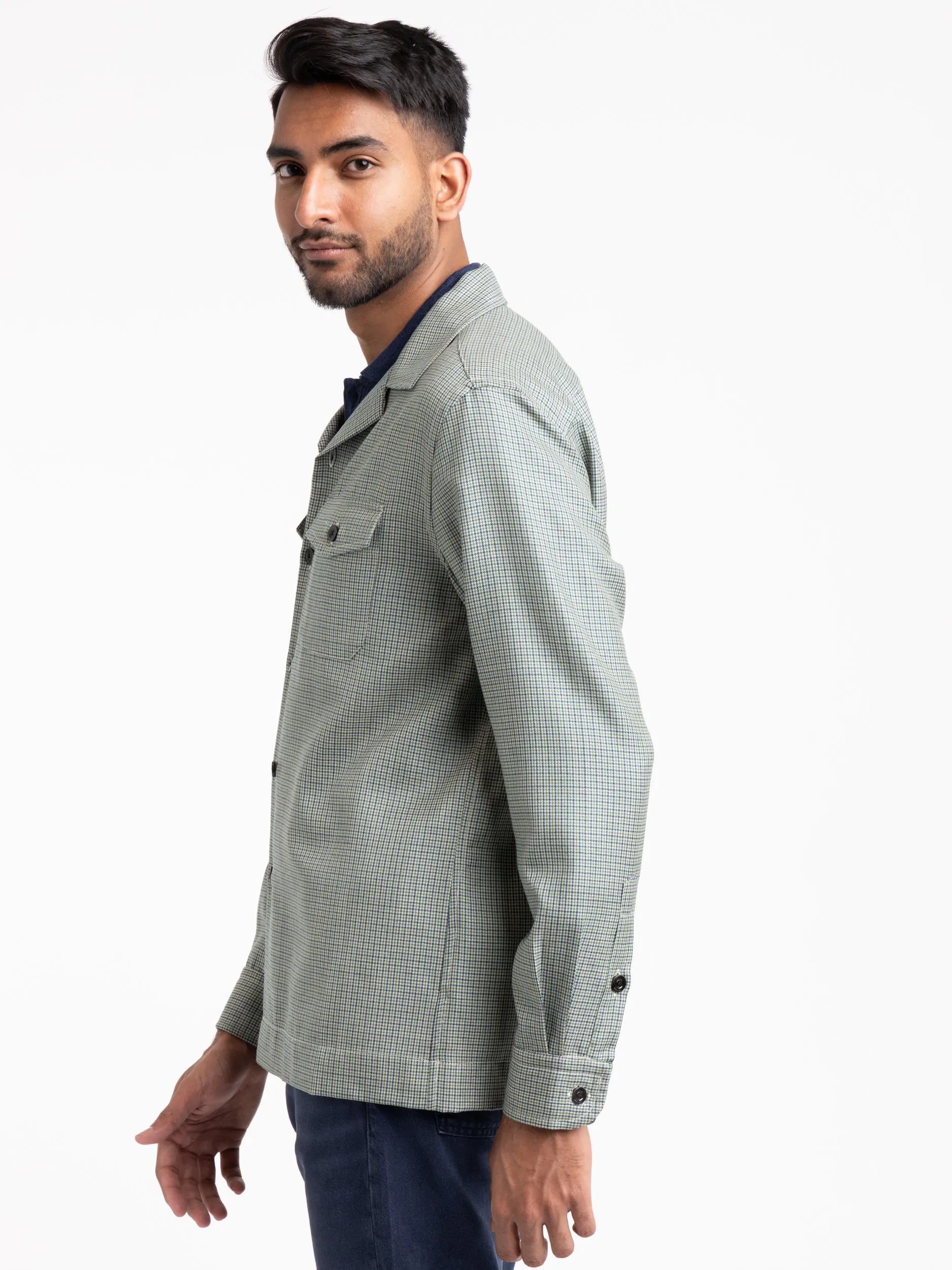 Green Wool-Silk Houndstooth Overshirt