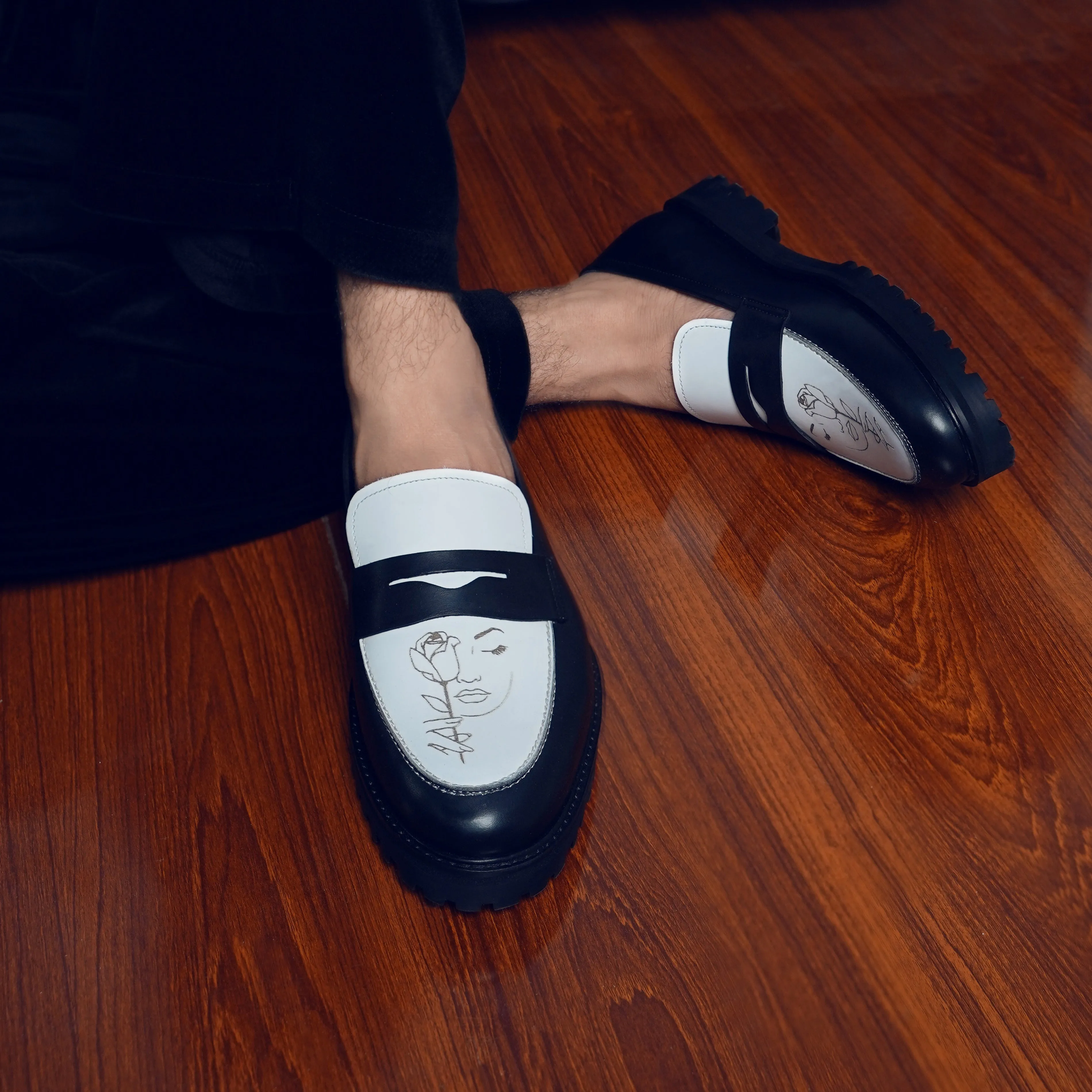 Hobart - Men's Black and White Calf Leather Loafer (Face Edition)