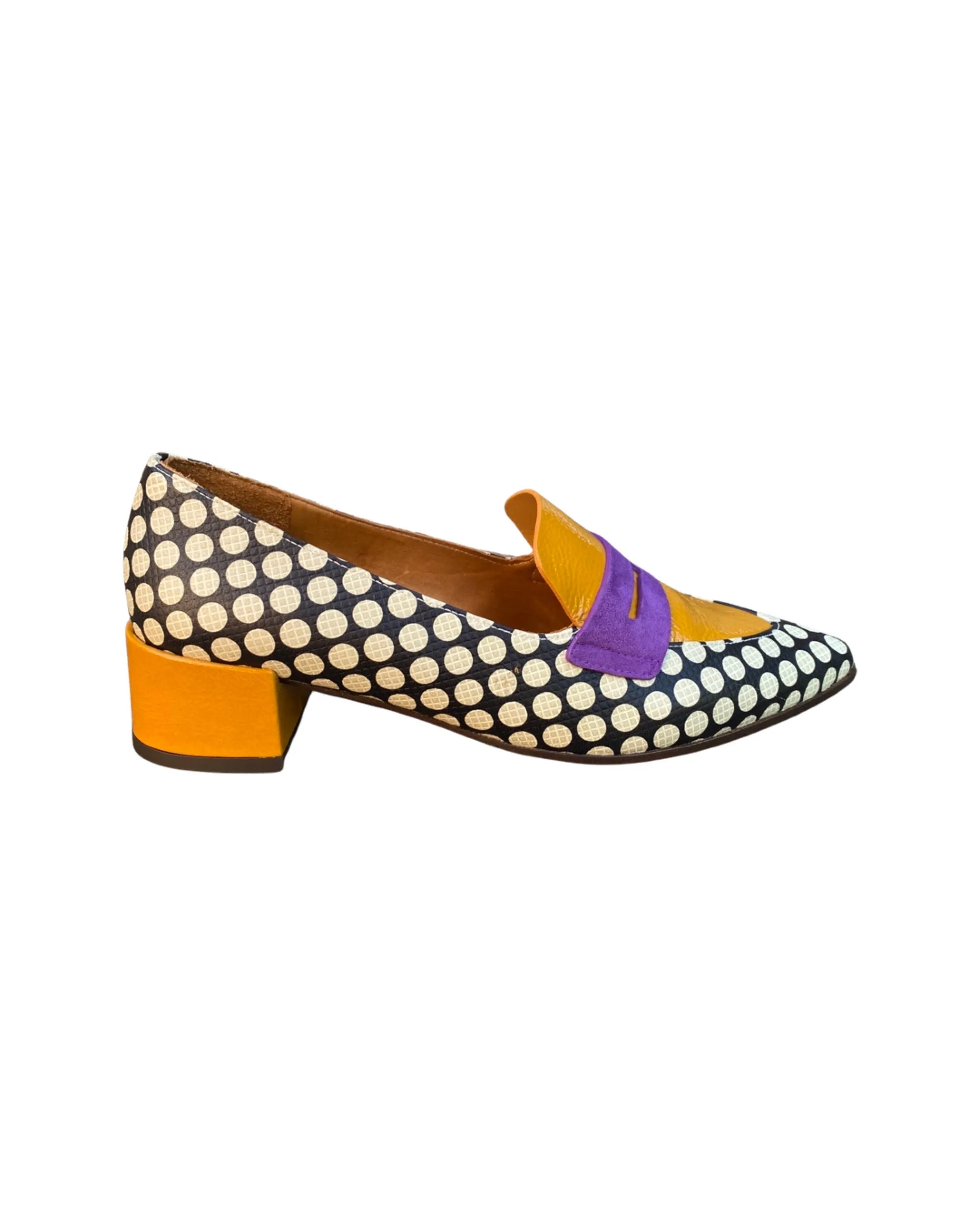 Jeita Yellow Black And Cream Polka Dot Loafer