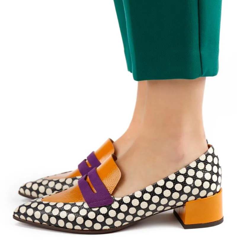 Jeita Yellow Black And Cream Polka Dot Loafer