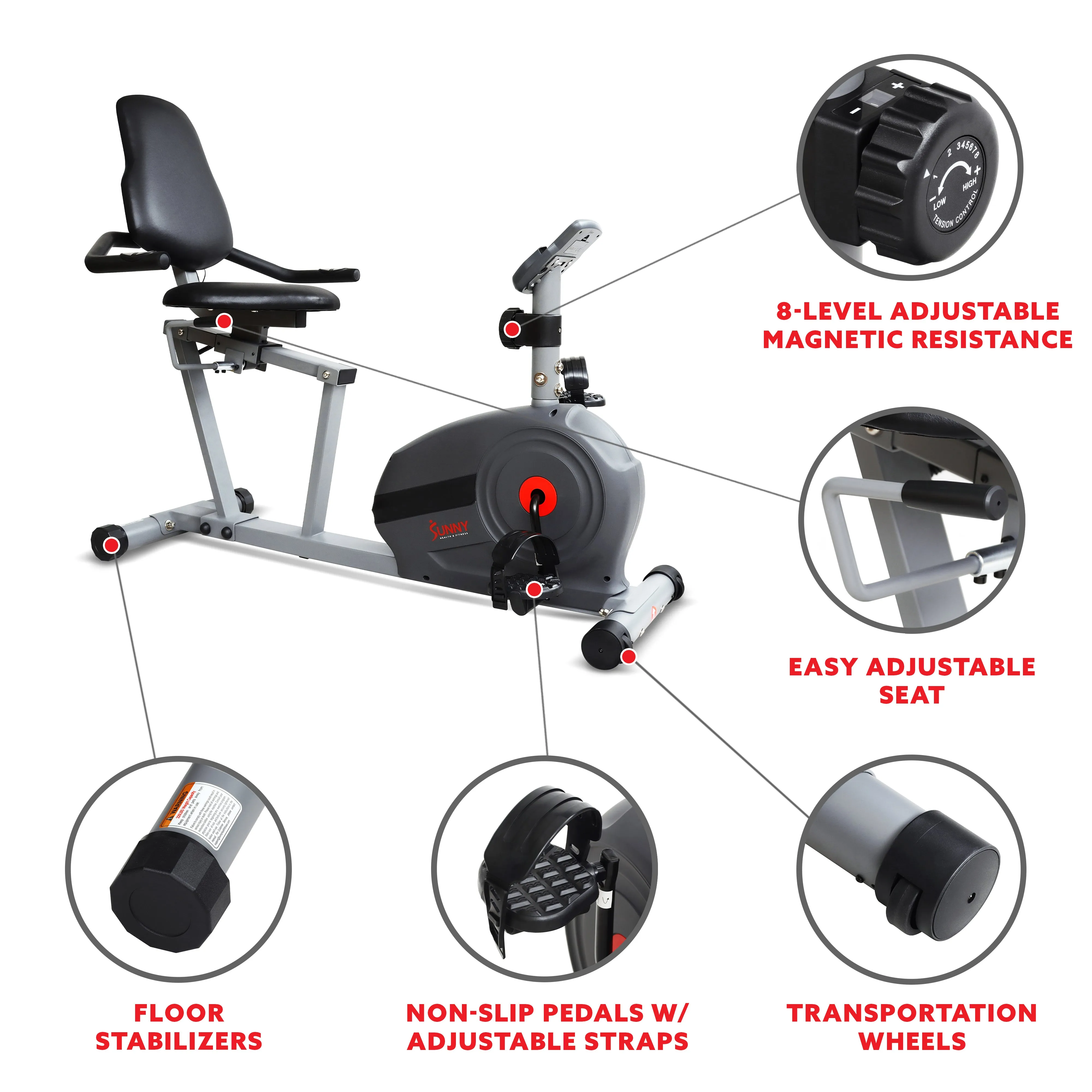 Magnetic Smart Recumbent Bike with Exclusive SunnyFit® App Enhanced Bluetooth Connectivity