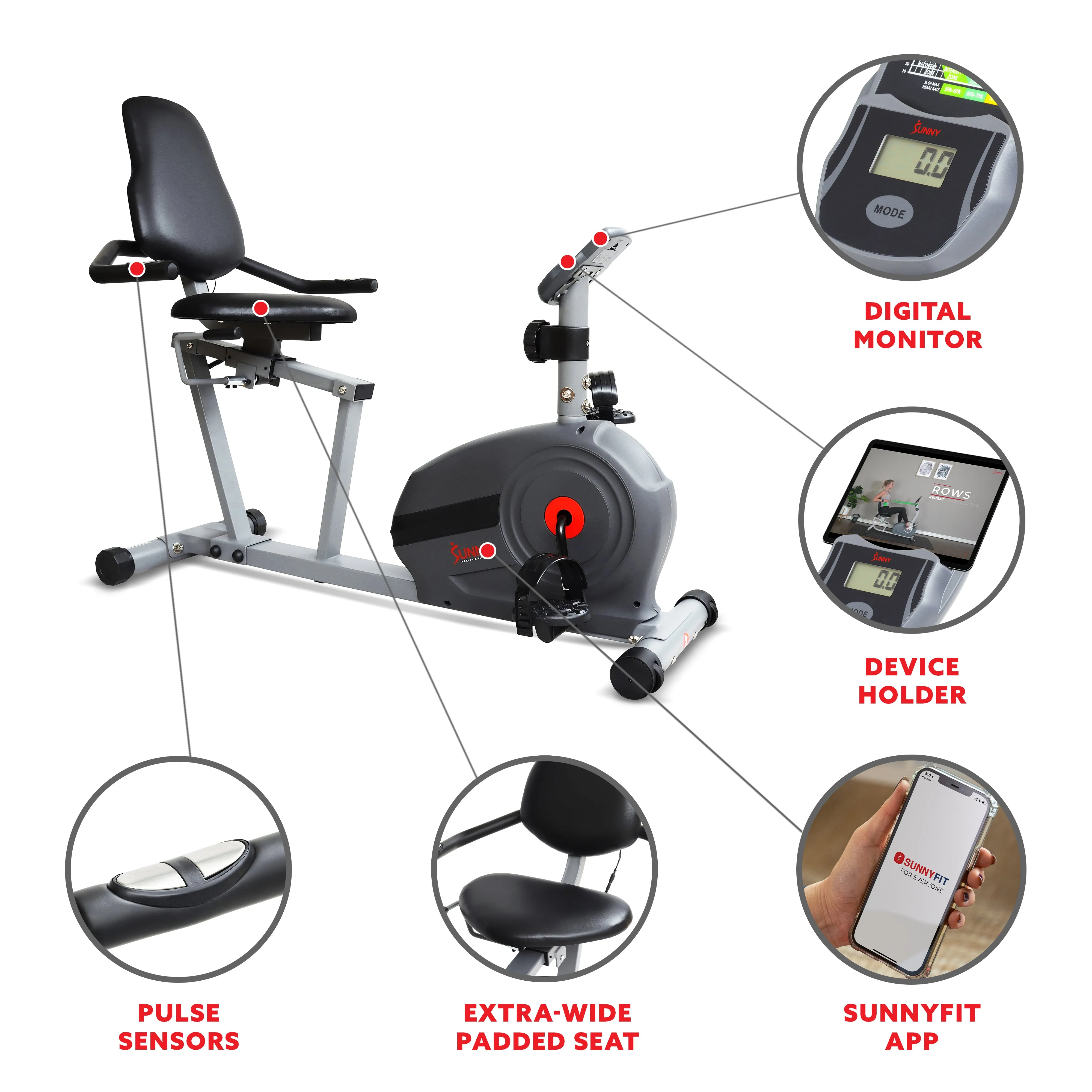 Magnetic Smart Recumbent Bike with Exclusive SunnyFit® App Enhanced Bluetooth Connectivity