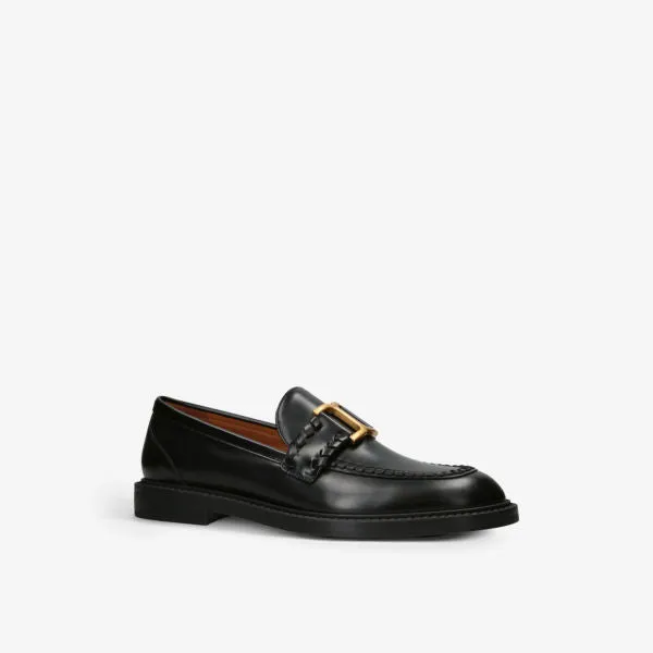 Marcie Leather Loafers with Chloe Logo Plaque, Black