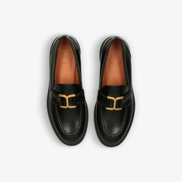 Marcie Leather Loafers with Chloe Logo Plaque, Black