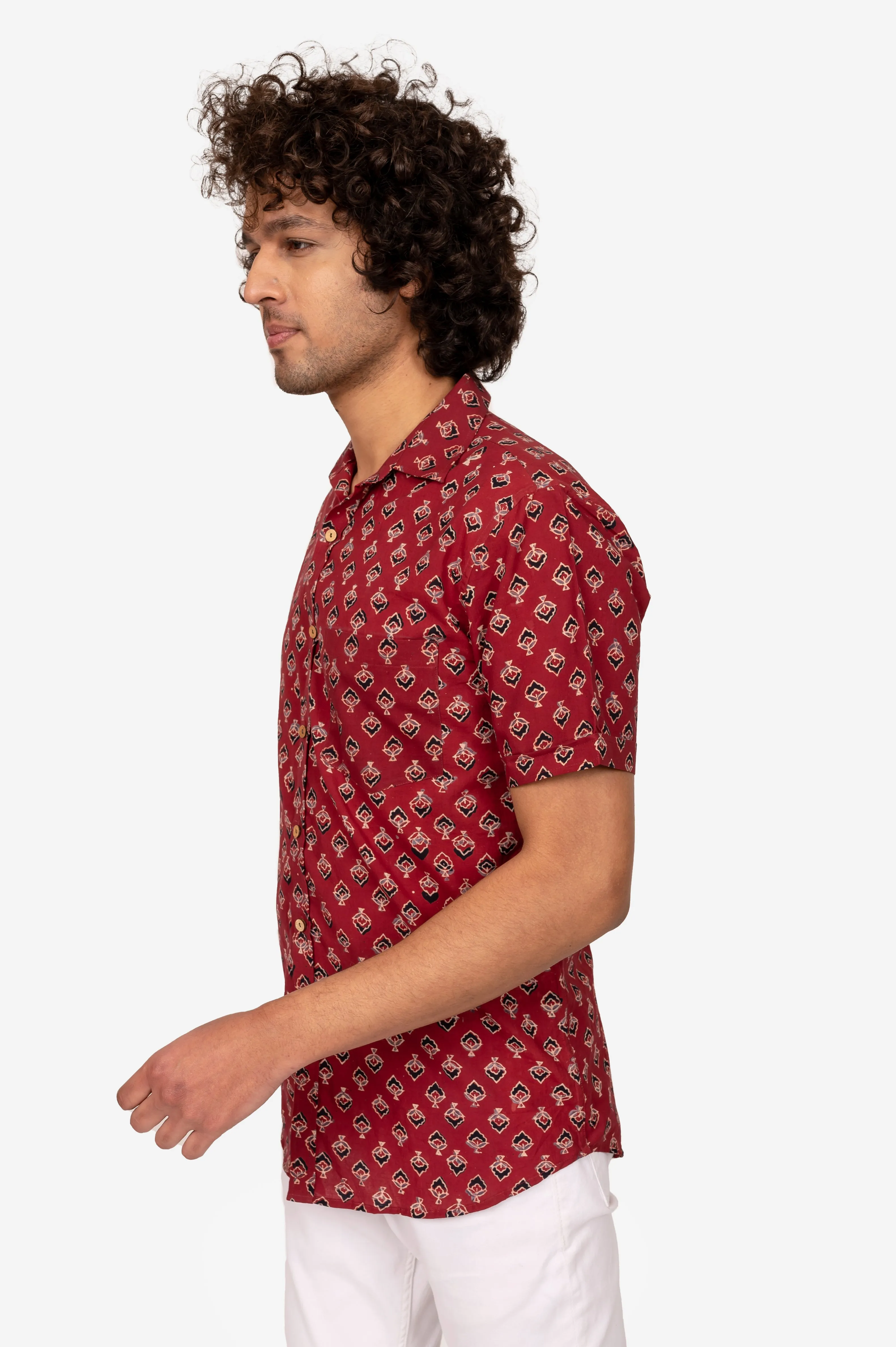 MAROON AJRAKH BLOCK PRINTED COTTON SHIRT