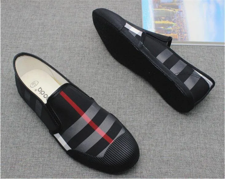 Men Canvas Leather Loafers Shoes Black Red Stripe