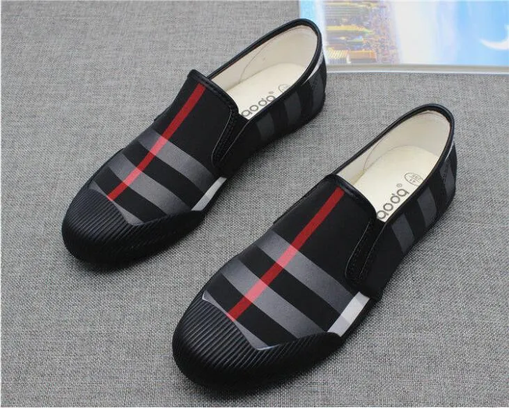 Men Canvas Leather Loafers Shoes Black Red Stripe