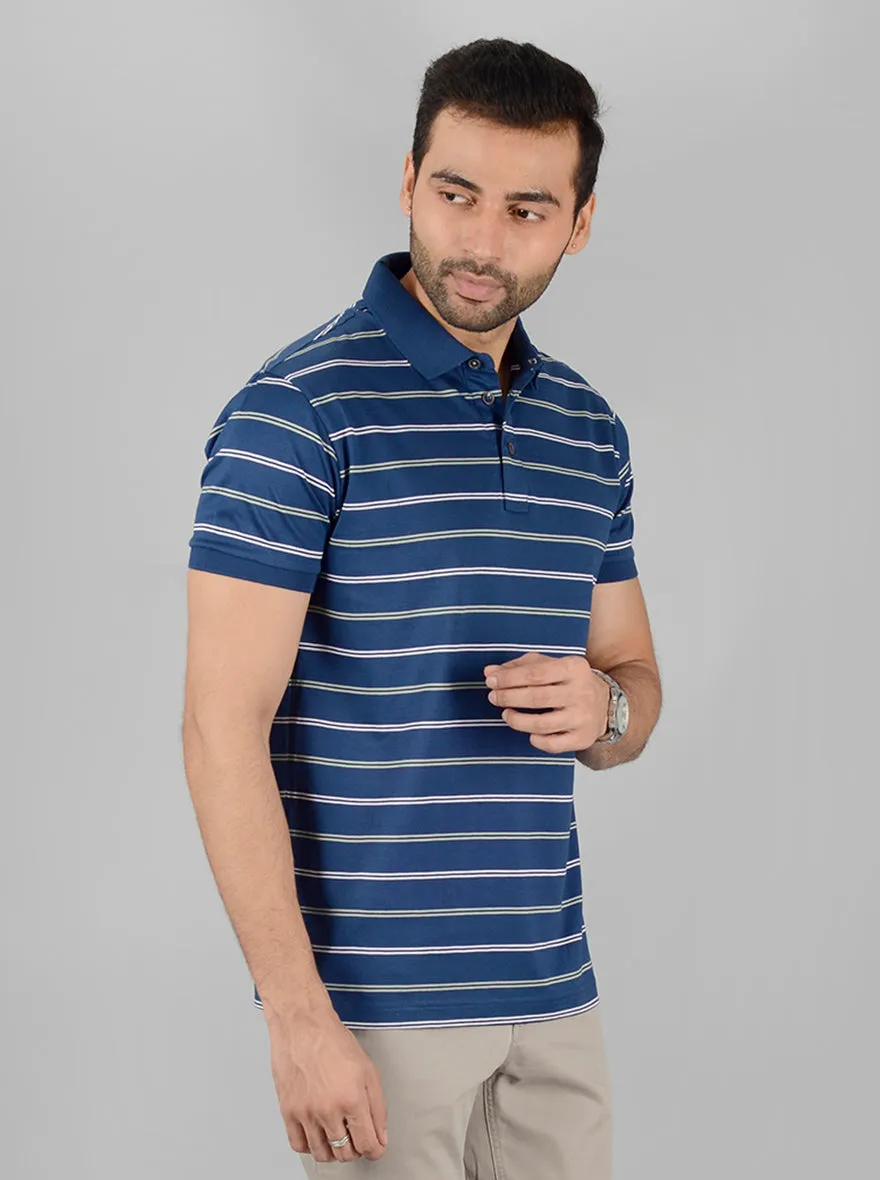 Navy Blue Striped Slim Fit Polo T-Shirt | JadeBlue