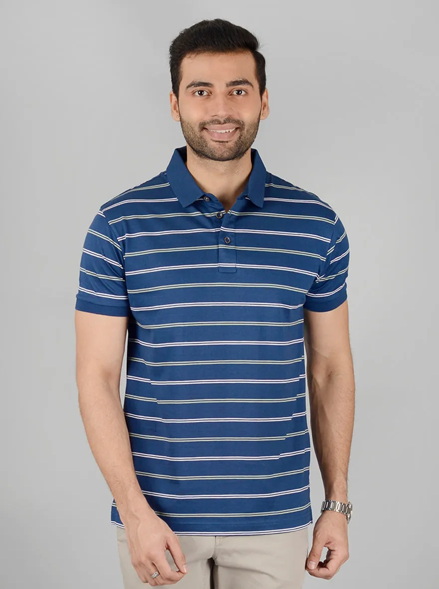 Navy Blue Striped Slim Fit Polo T-Shirt | JadeBlue