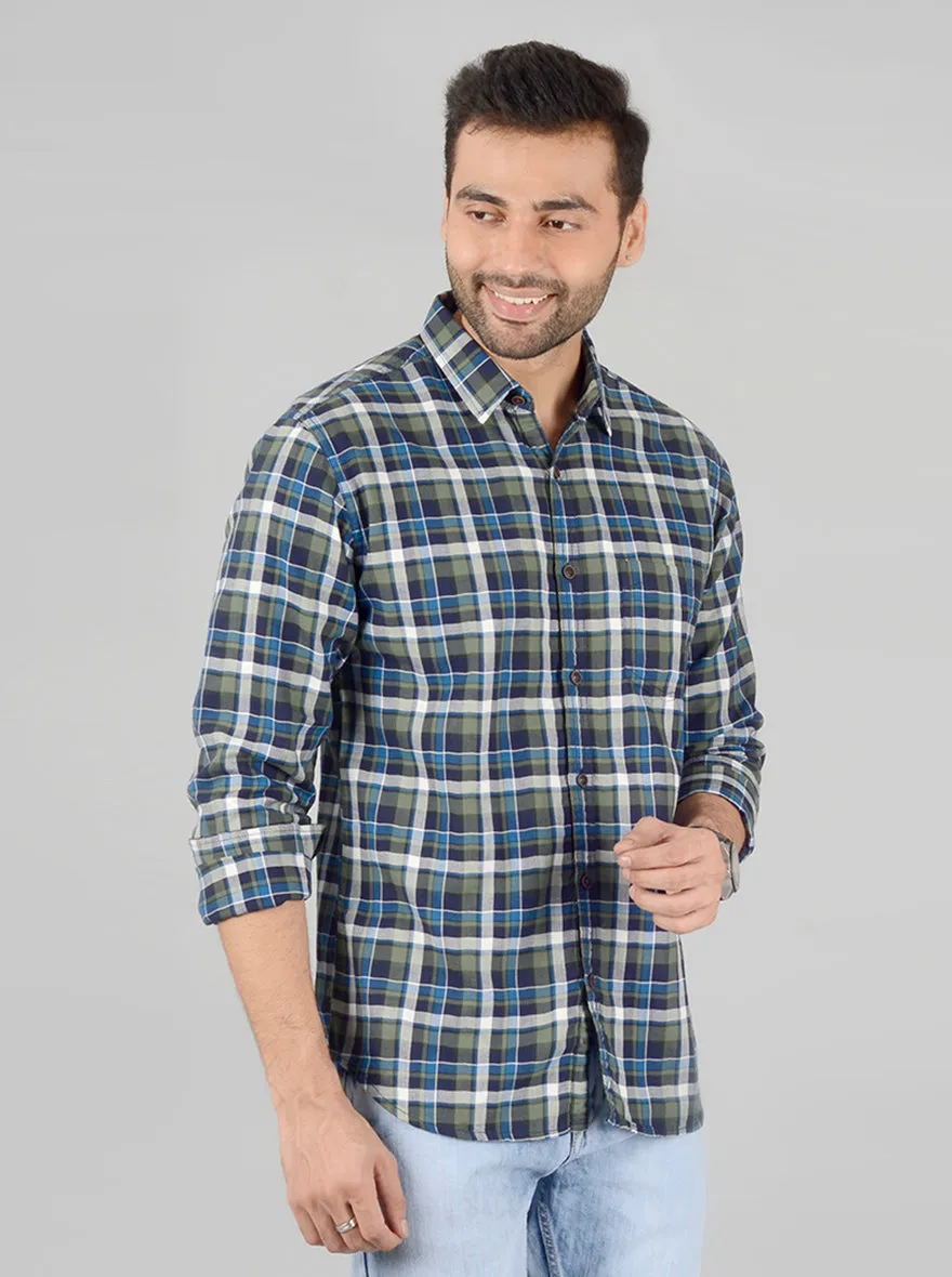 Olive and Blue Checked Slim Fit Casual Shirt | Greenfibre