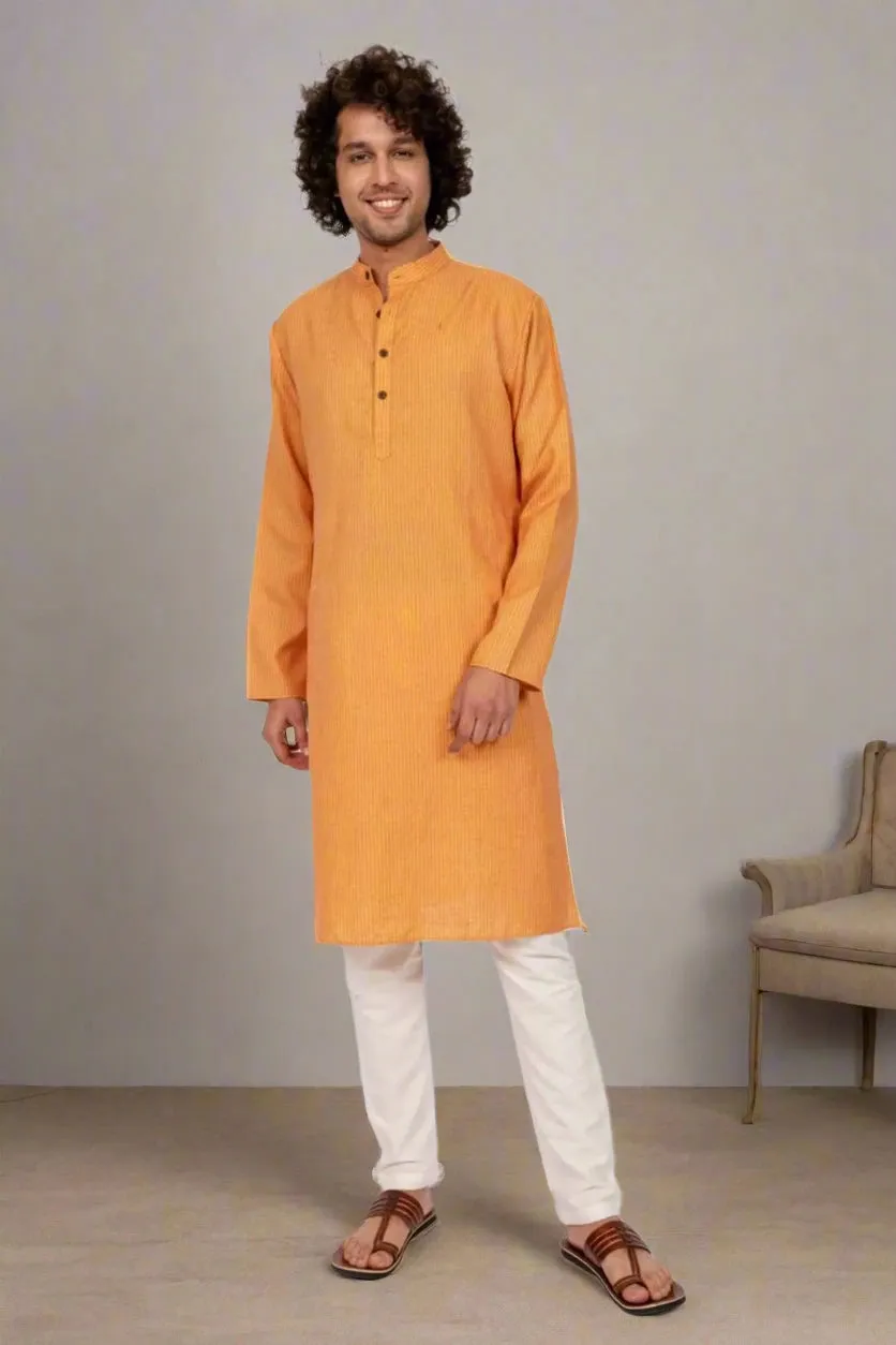 Orange Self Striped Long Kurta