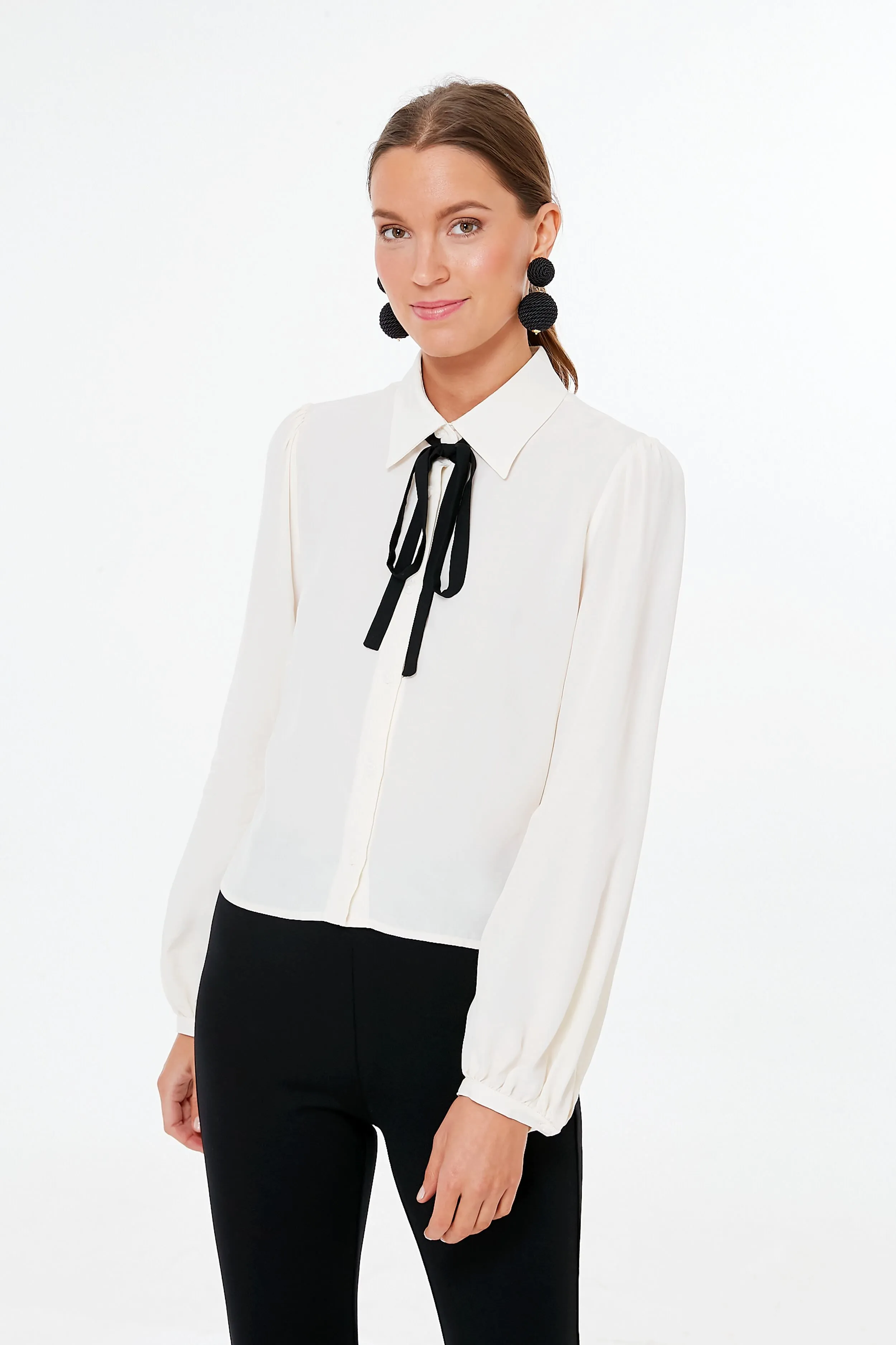 Pearled Ivory and Black Lou Tied Blouse