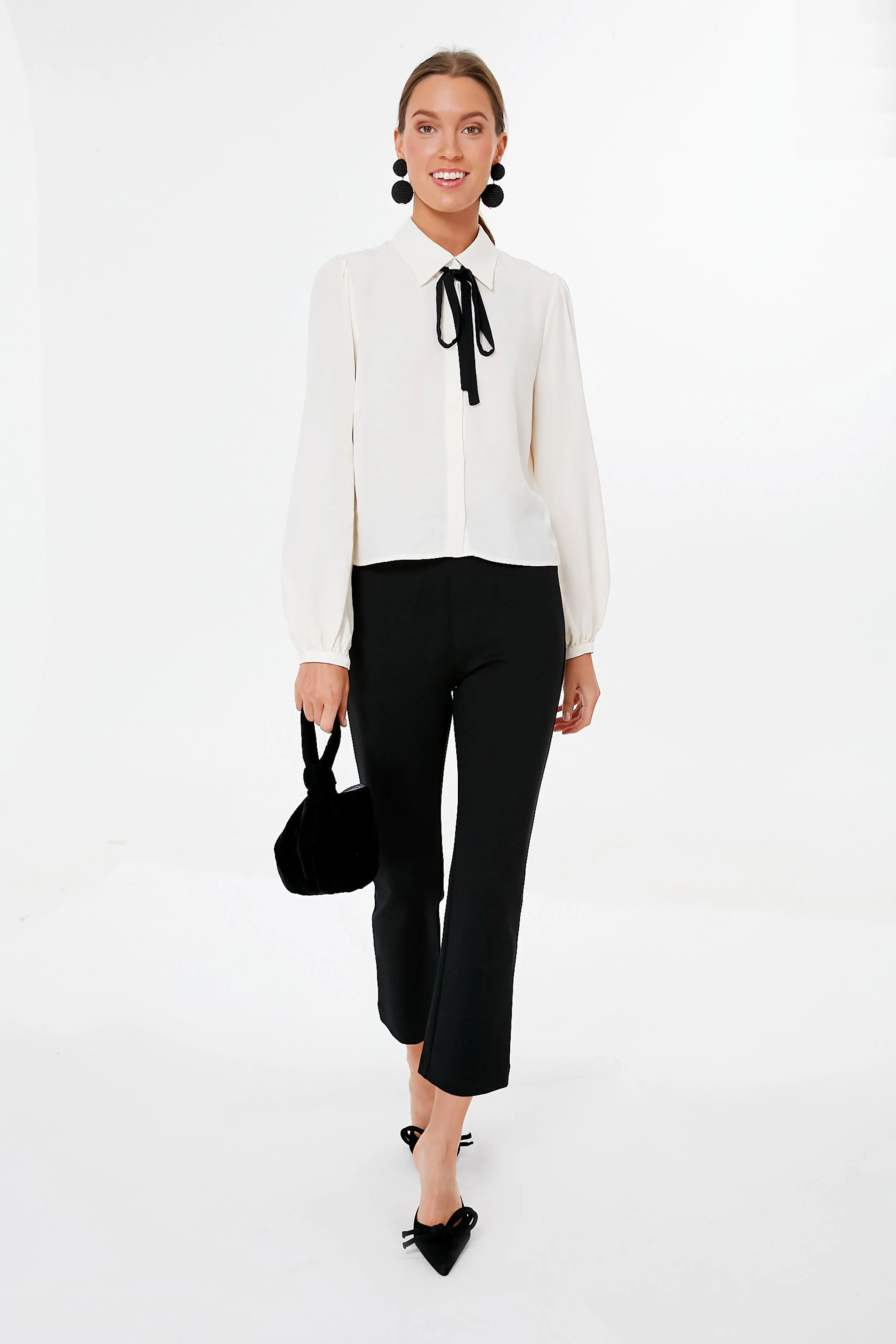 Pearled Ivory and Black Lou Tied Blouse