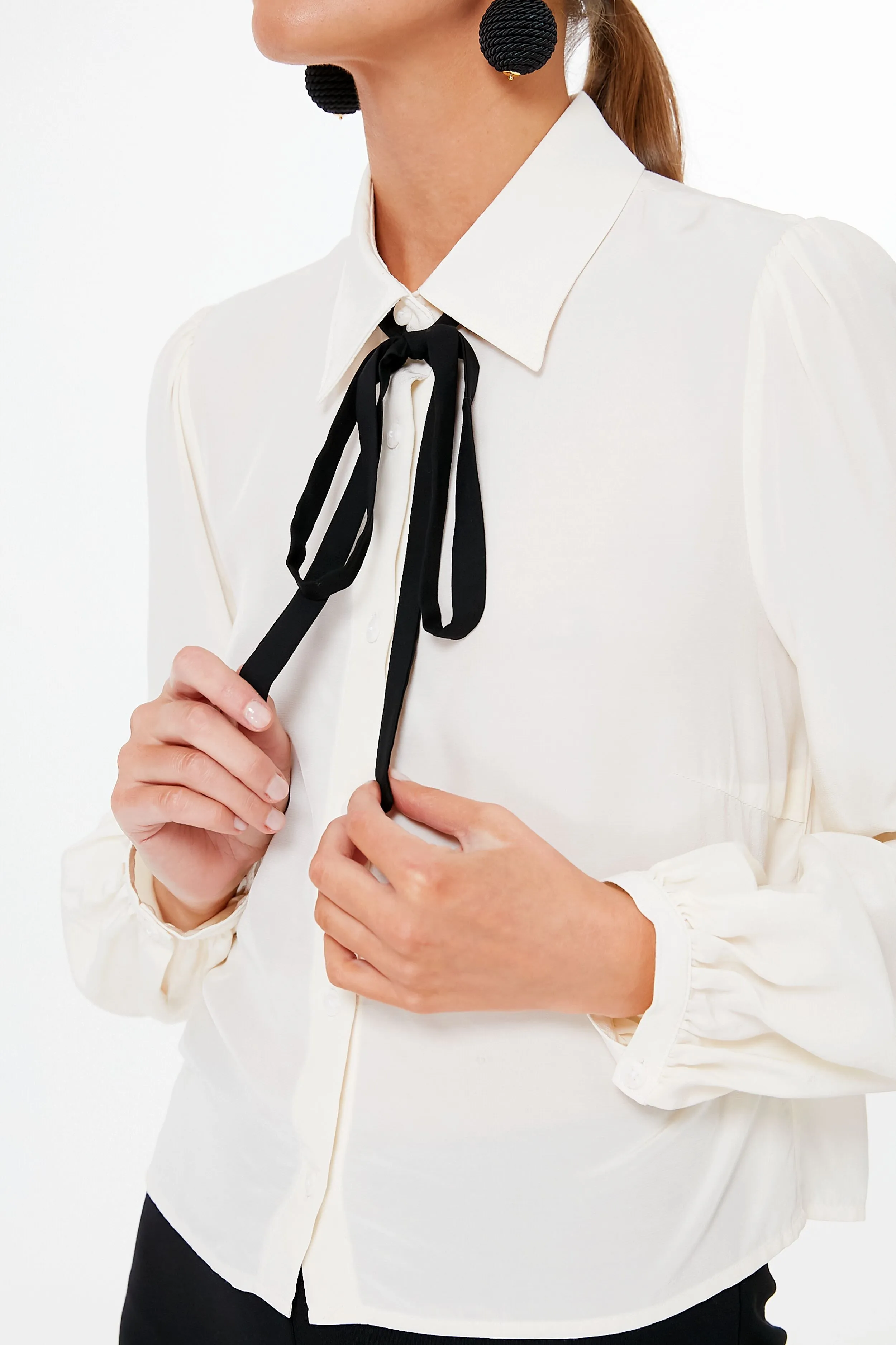 Pearled Ivory and Black Lou Tied Blouse