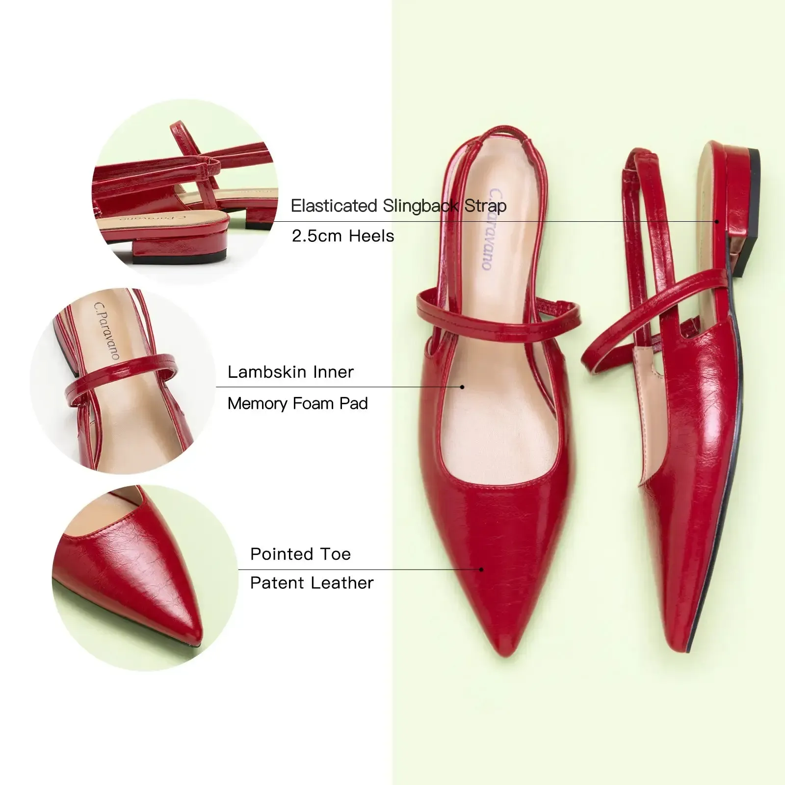 Pointed Toe Slingback Flats (Freya) Red