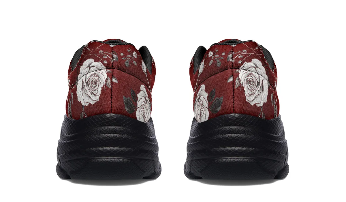 Red Rose Romance Chunky Sneakers - Light Breathable and Comfortable Sports Shoes with Platform Soles