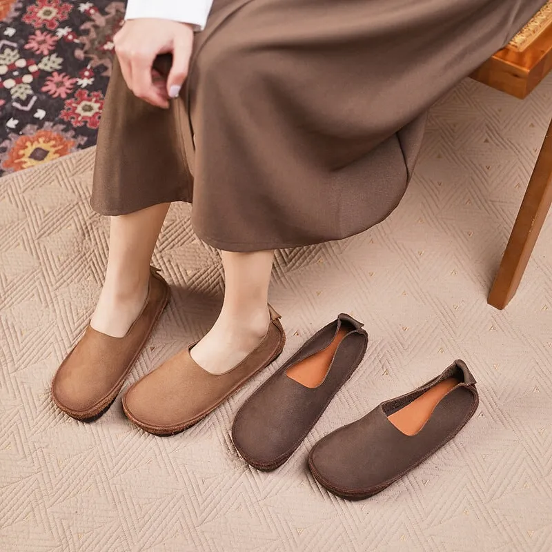 Retro Soft Leather Flat Slip on Loafers for Women Handmade in Apricot/Grey