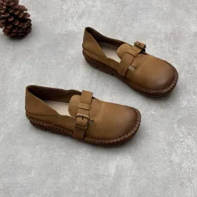 Retro Soft Leather Loafers For Women Round Toe Flats in Coffee/Khaki