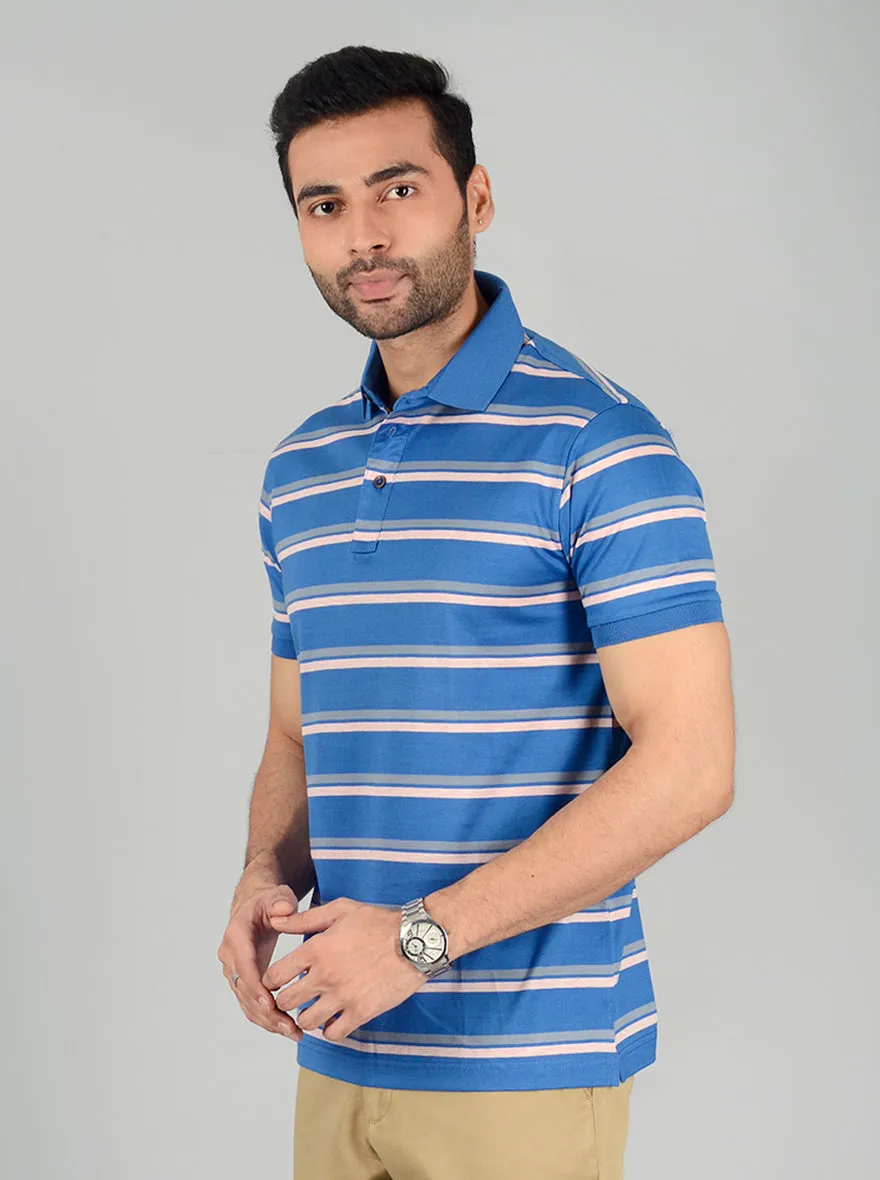 Royal Blue Striped Slim Fit Polo T-Shirt | JadeBlue