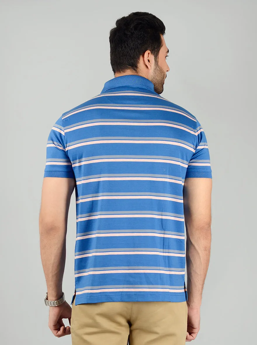 Royal Blue Striped Slim Fit Polo T-Shirt | JadeBlue