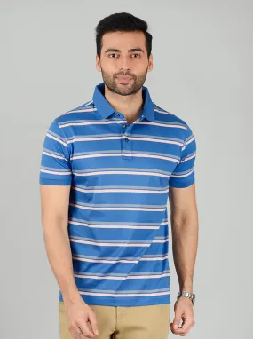 Royal Blue Striped Slim Fit Polo T-Shirt | JadeBlue