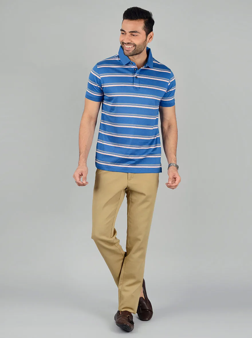 Royal Blue Striped Slim Fit Polo T-Shirt | JadeBlue