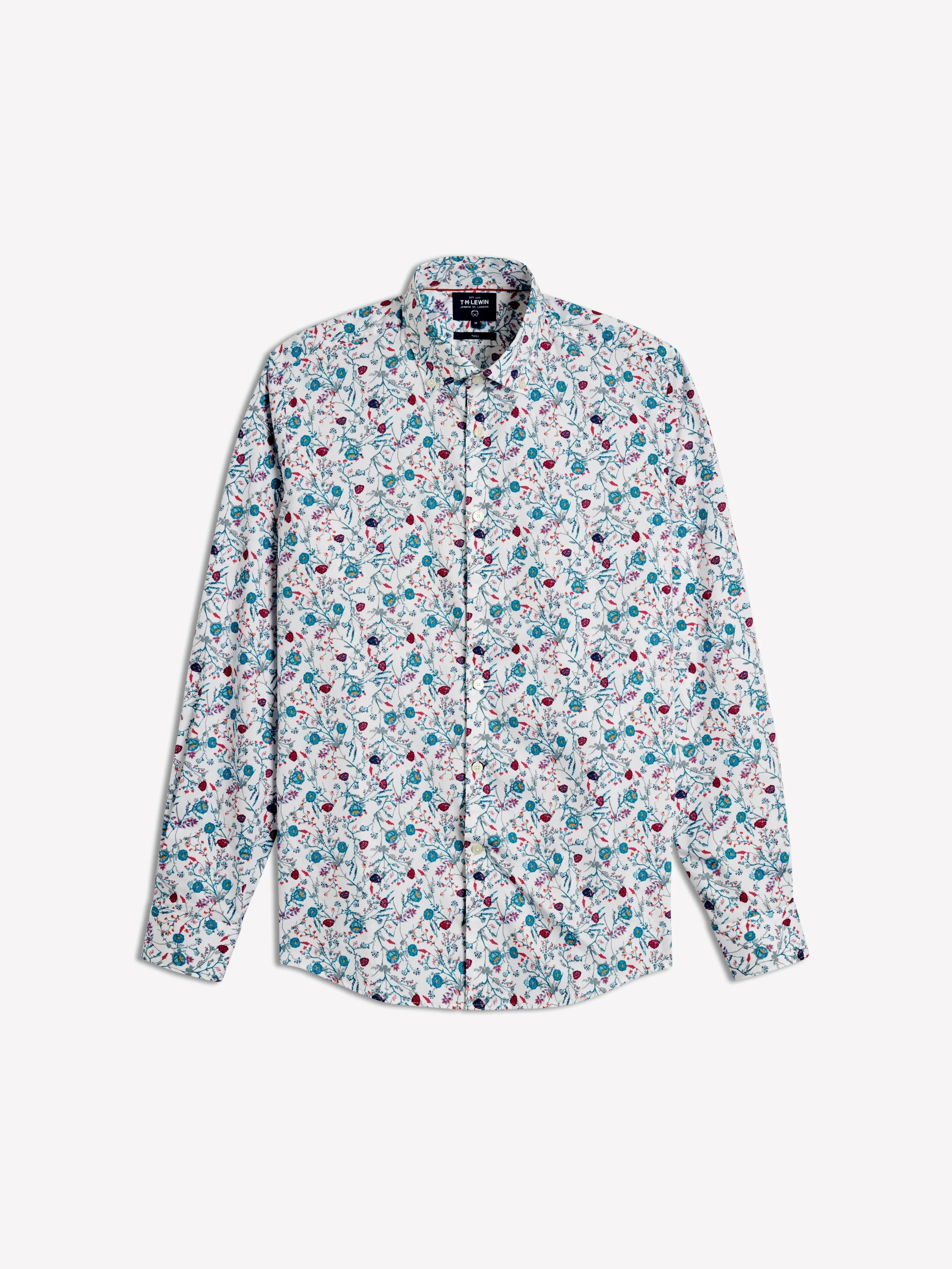 Slim Fit Pink and Aqua Scatter Floral Print Shirt