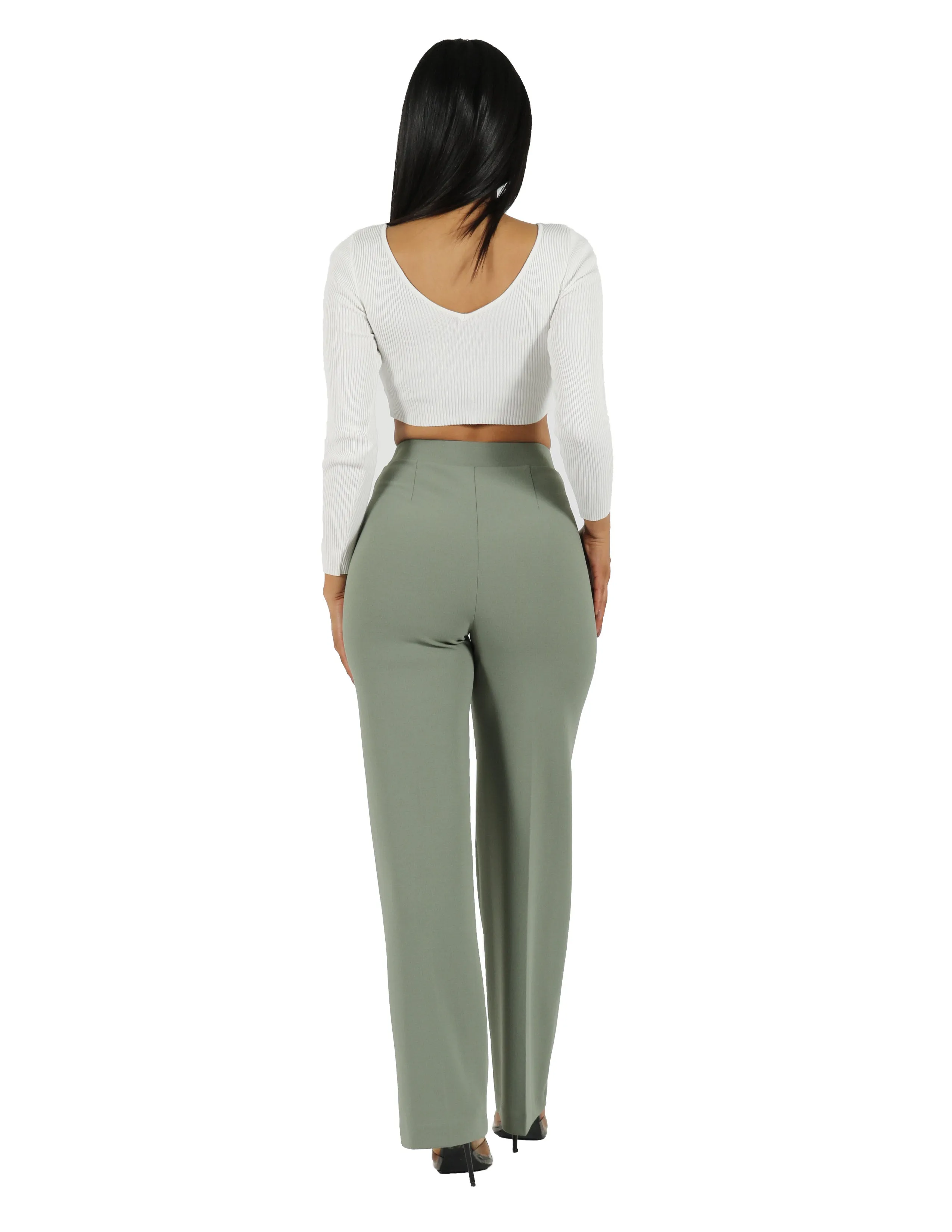 So Chic Knit Crepe 4 Hole Buttons High Rise Wide Leg Pant