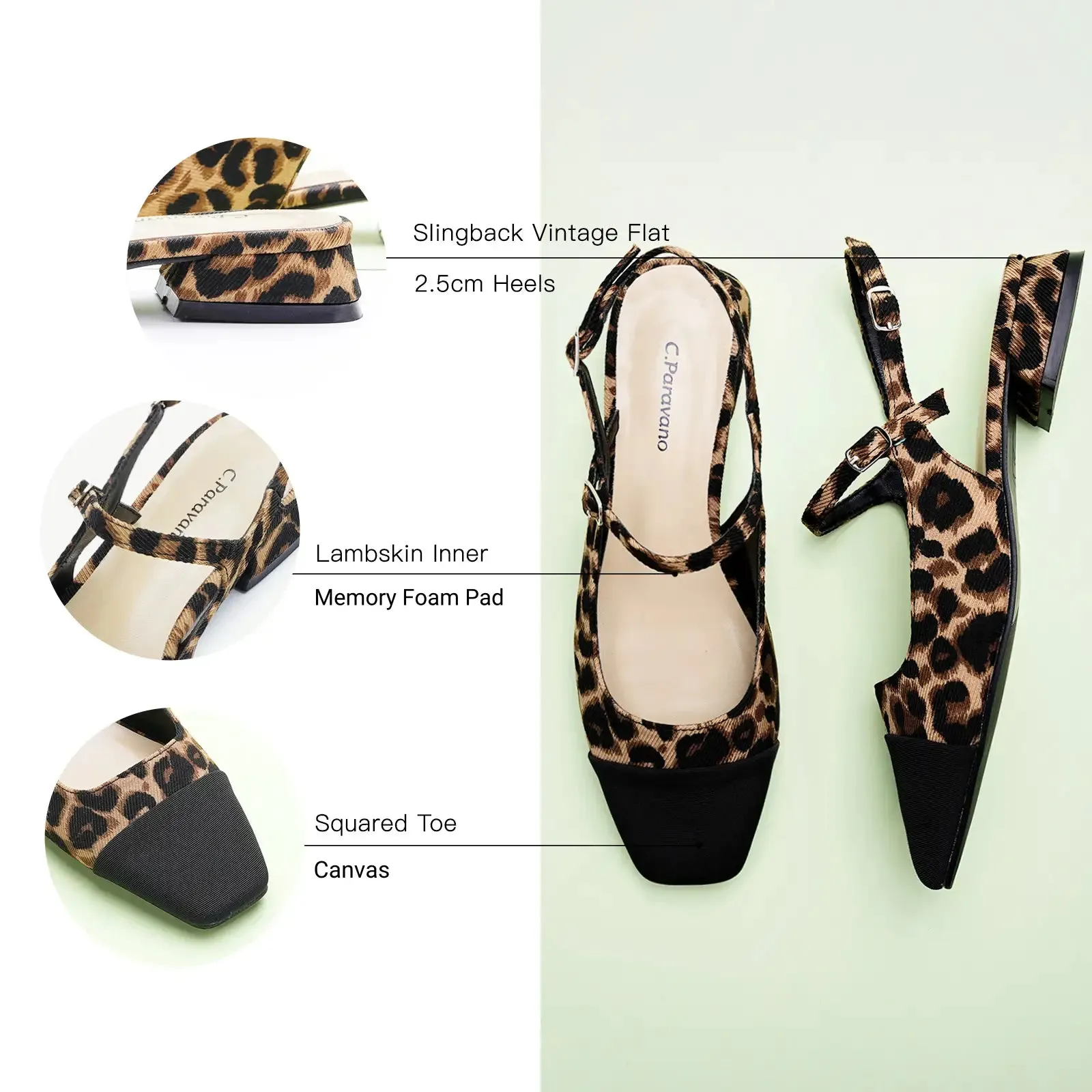 Square-Toe Prints Slingback Flats (Felicia)