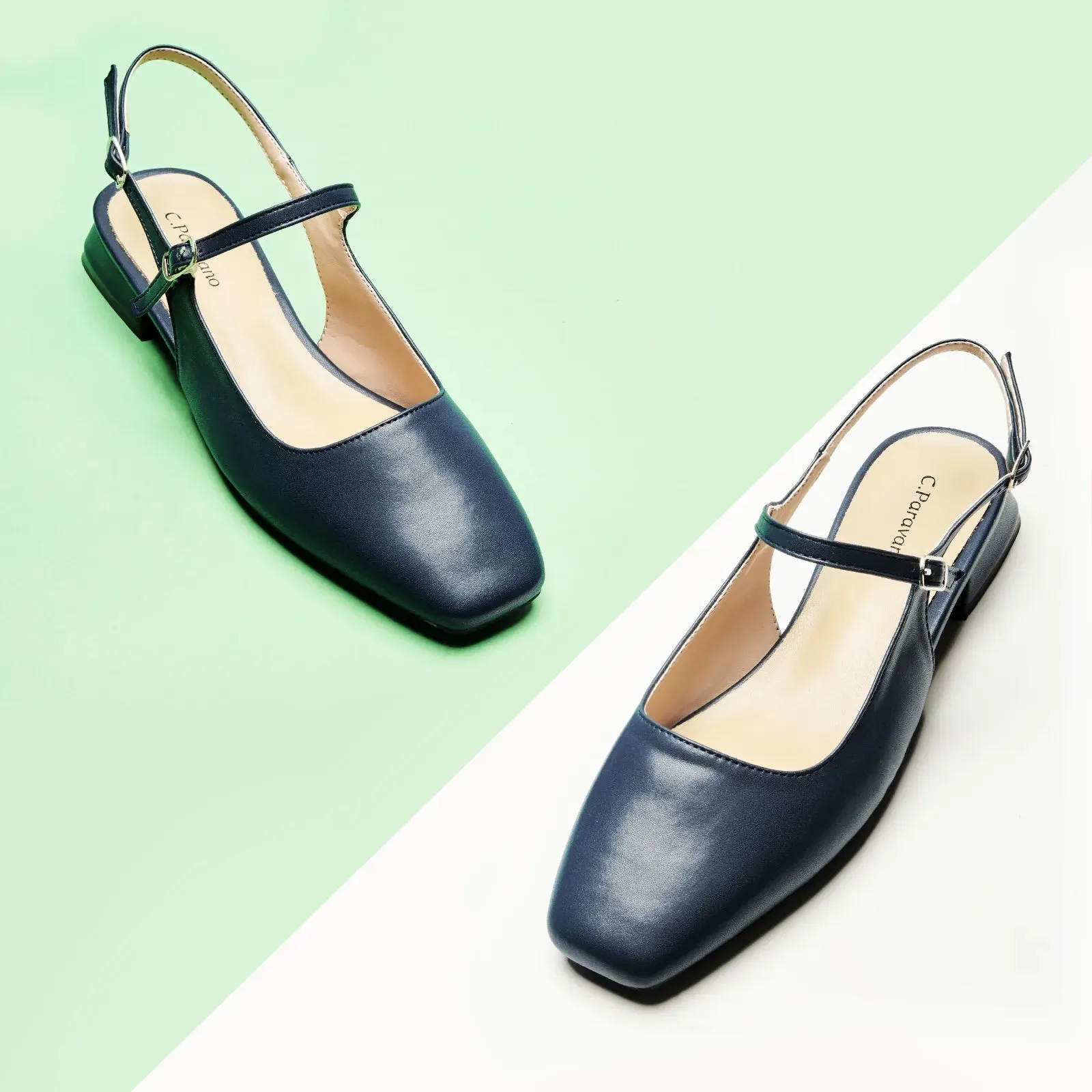 Square-Toe Sleek Slingback Flats (Felicia) Navy