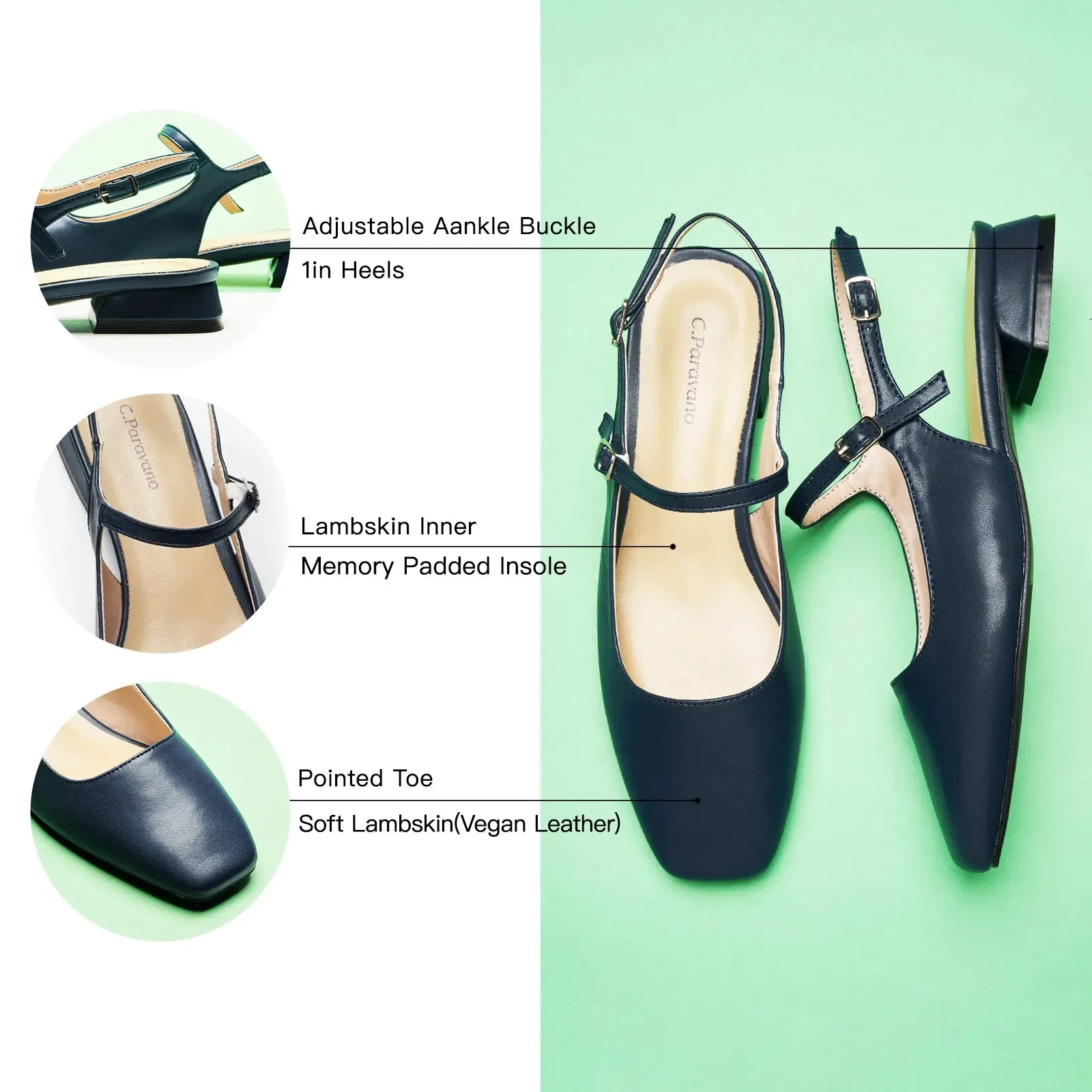 Square-Toe Sleek Slingback Flats (Felicia)