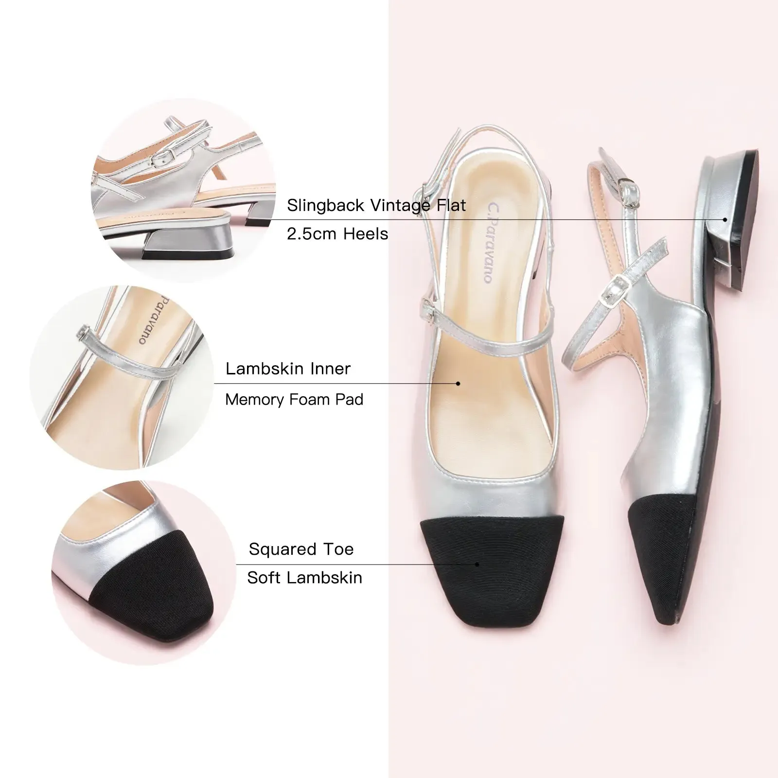 Square-Toe Slingback Flats (Felicia) Silver