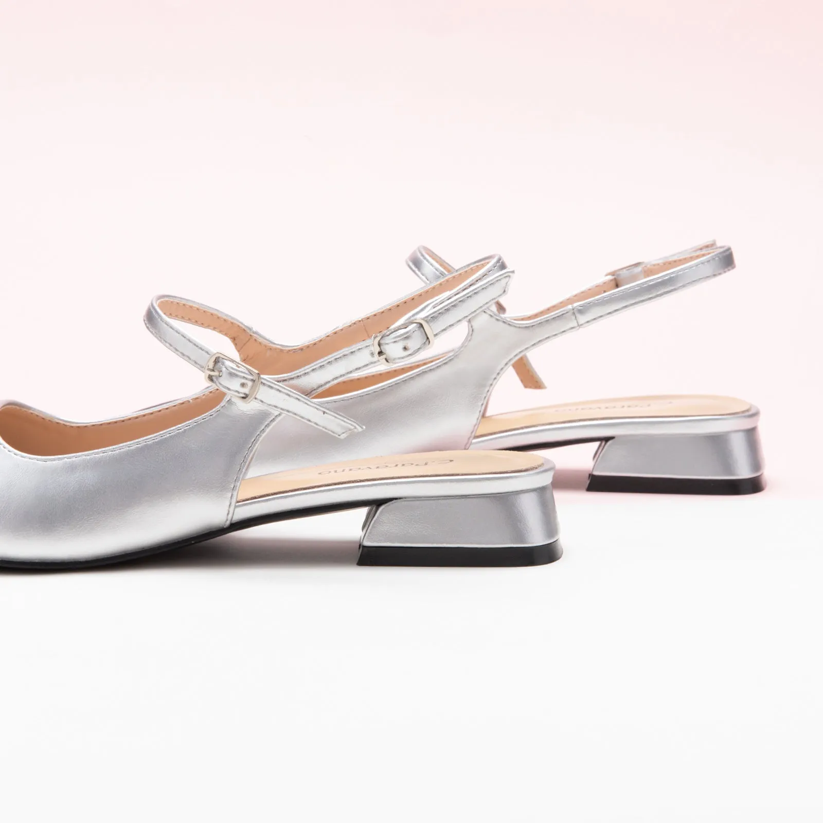 Square-Toe Slingback Flats (Felicia) Silver