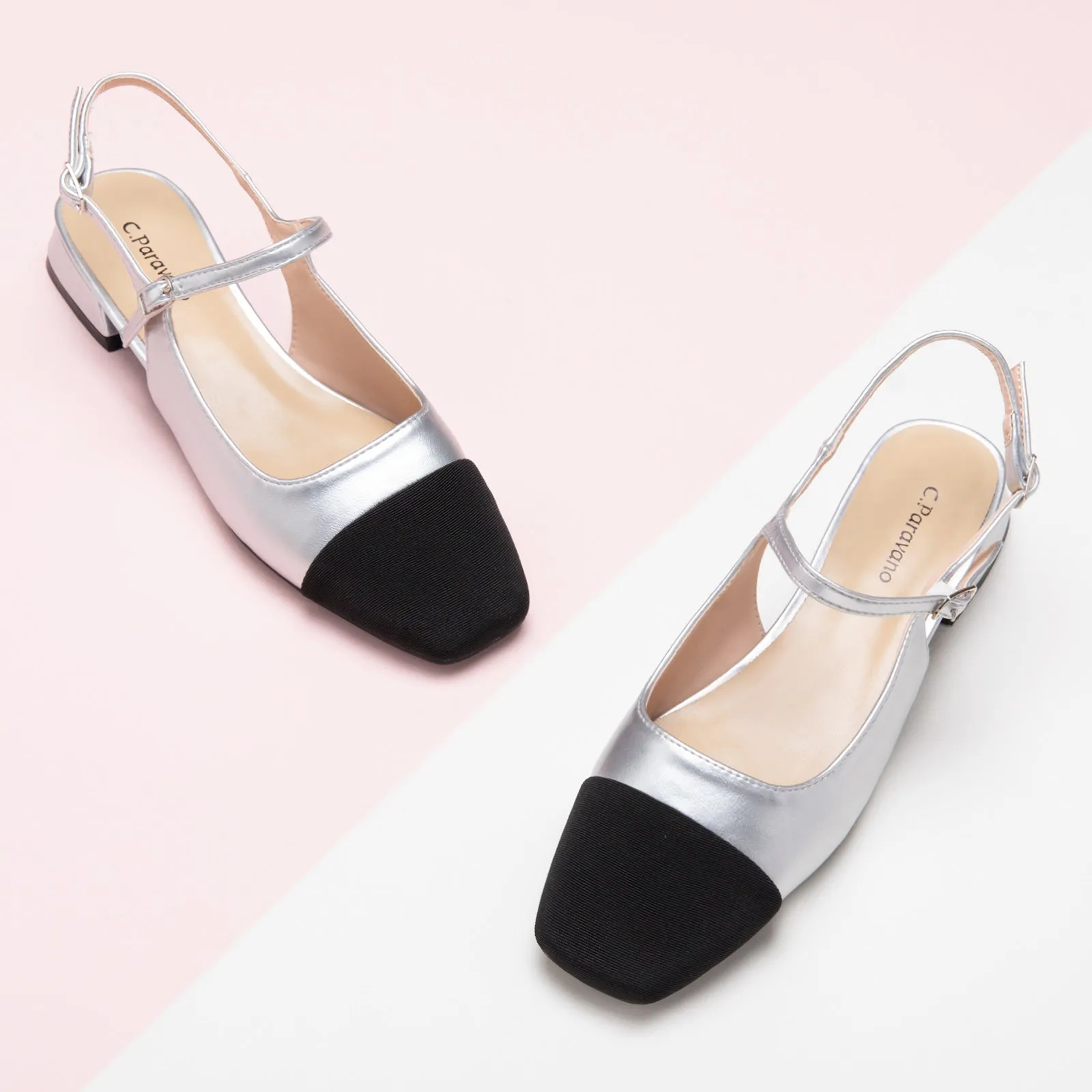 Square-Toe Slingback Flats (Felicia) Silver