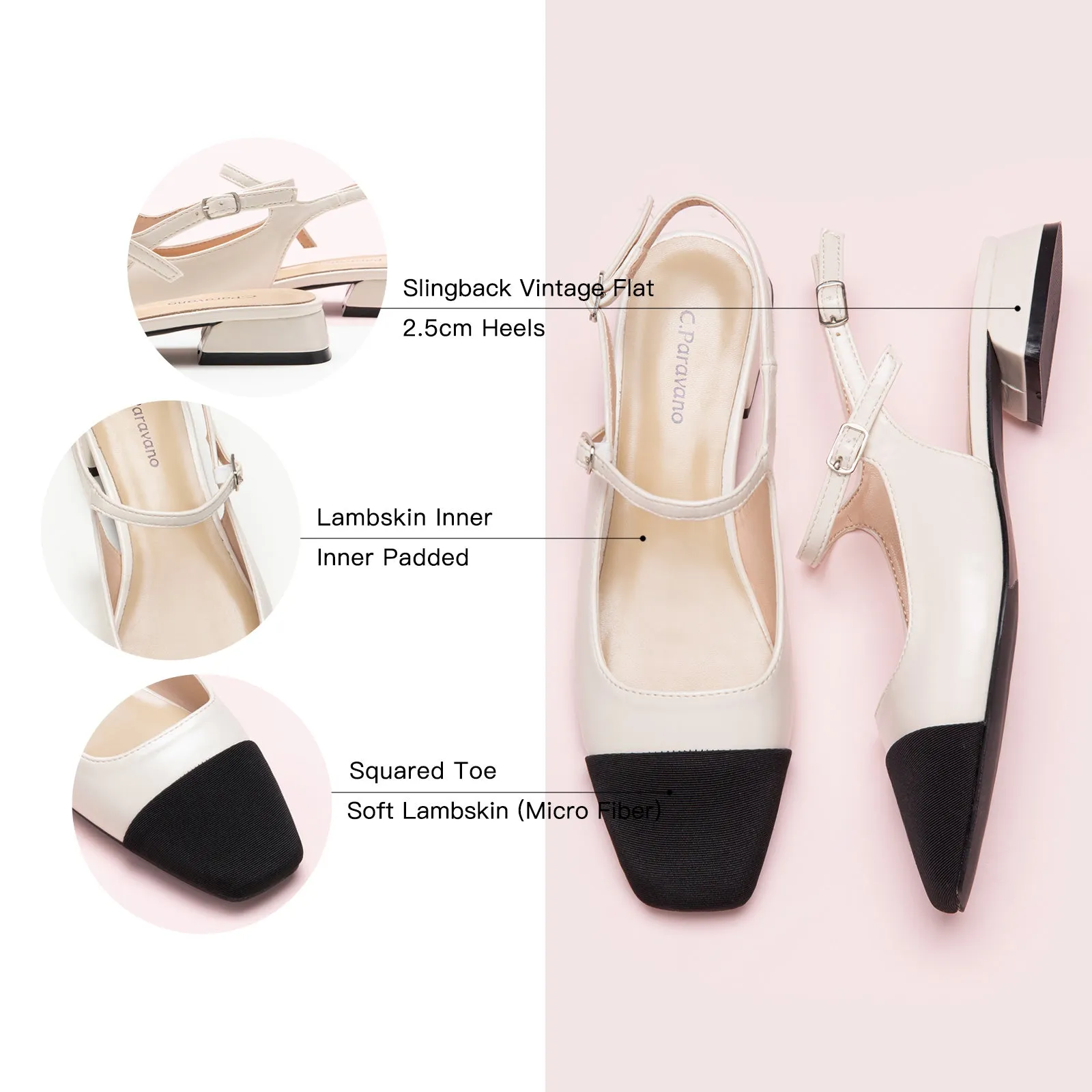 Square-Toe Slingback Flats (Felicia) White