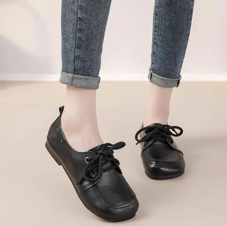 Women's Leather Flats Lace Up Casual Shoes