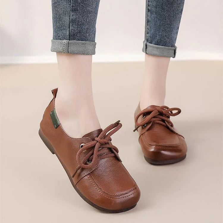 Women's Leather Flats Lace Up Casual Shoes