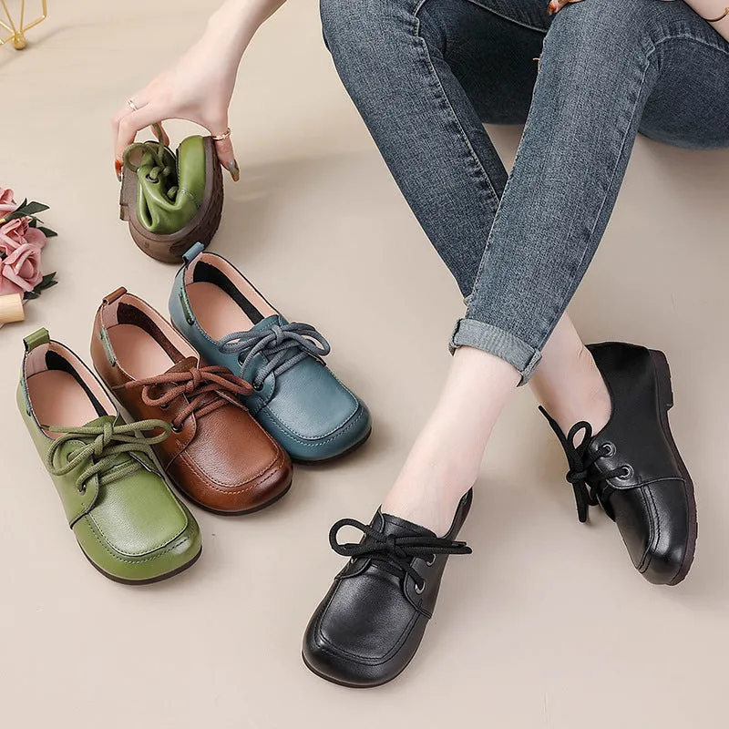 Women's Leather Flats Lace Up Casual Shoes