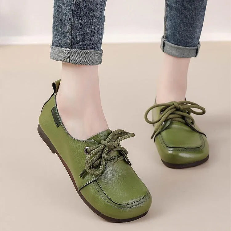 Women's Leather Flats Lace Up Casual Shoes