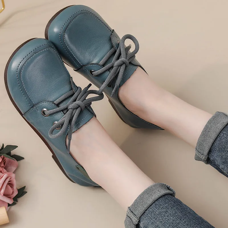 Women's Leather Flats Lace Up Casual Shoes